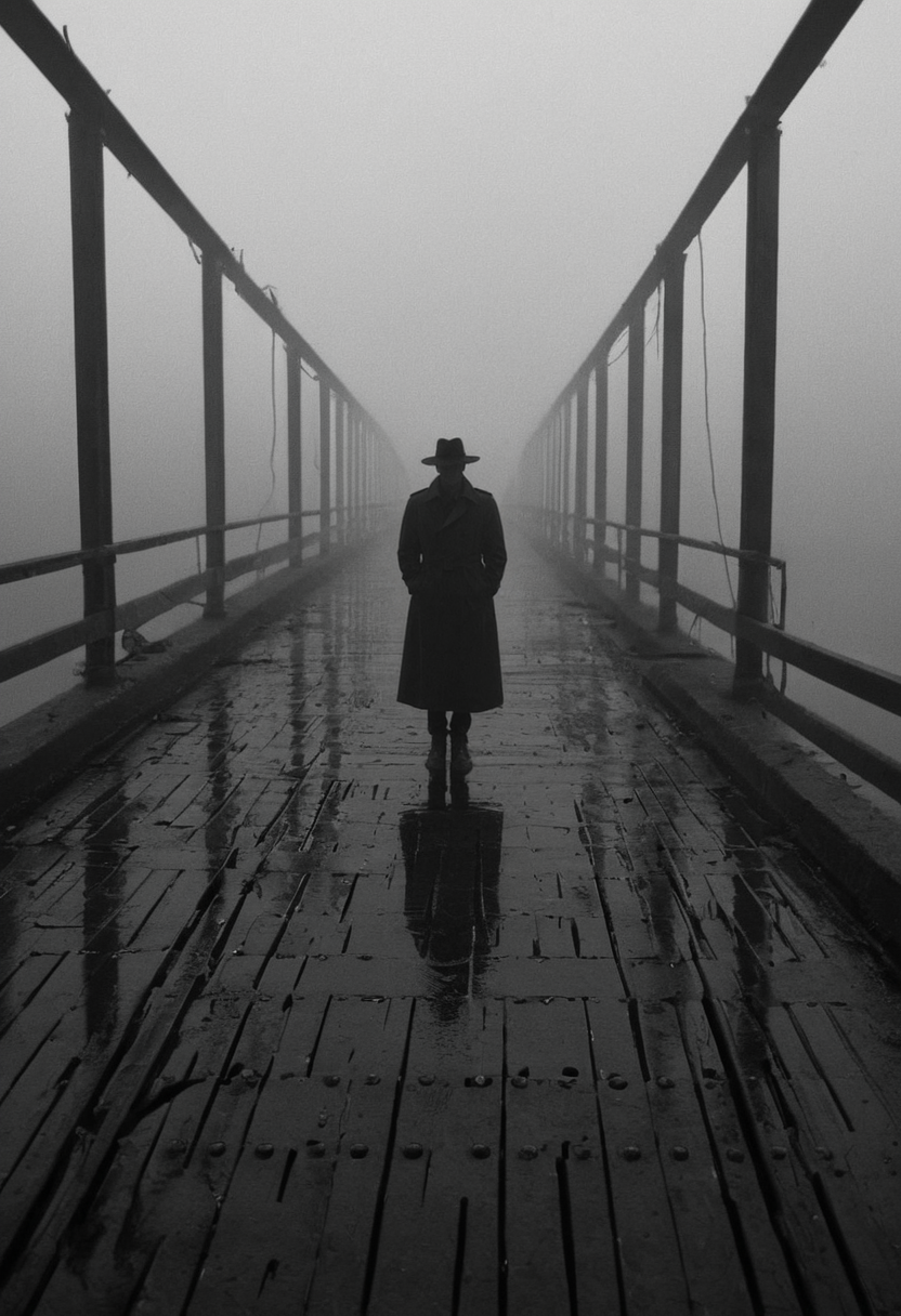 This is a black-and-white photograph featuring a solitary figure standing in the center of a misty, deserted bridge. The figure is dressed in a long, dark trench coat that extends to the ground, and a wide-brimmed hat that casts a shadow over the face, obscuring it. The person is wearing dark gloves and shoes, contributing to the overall mysterious and enigmatic atmosphere. The bridge, which is likely an old, metal structure, has multiple vertical cables and a series of evenly spaced lamps on either side, their lights casting a soft glow into the mist. The ground beneath the figure is wet and reflective, with puddles and a metal grate visible at the feet. The background is hazy, with the mist blending with the distant lights, creating a dreamlike, surreal effect. The texture of the photograph is smooth and grainy, enhancing the timeless, almost noir feel of the image. The overall composition and lighting suggest a dramatic, almost cinematic scene, evoking themes of mystery, suspense, and isolation., <lora:add-detail-xl:1.5>, ultra quality, ultra detailed