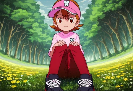 core_9, score_8_up, score_7_up, source_anime, prefect lighting, very aesthetic, intricate details, highly detailed background, high quality, prefect hands, best quality,1girl, sora takenouchi, digimon, short hair, visor cap, brown eyes, pink shirt, butterfly symbol, dark red jeans, black shoes, outdoors, forest, grass, sitting on floor, hands on knees, looking at viewer, smile, dutch angle