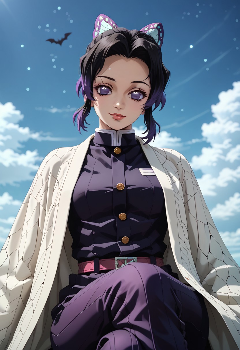 score_9, score_8_up, score_7_up, Cowboy Shot, shinobu from demos slayer, cute, seductive, innocent, light smile:0.3, plump lips, slender body, black hair, floating hair, sitting on a white cloud, starry sky background, crossed legs, bat wings, sexy purple tights with bat prints, 4n1v3rs3, depth of field, dynamic angle, fashion photography, sharp, hyperdetailed:1.15