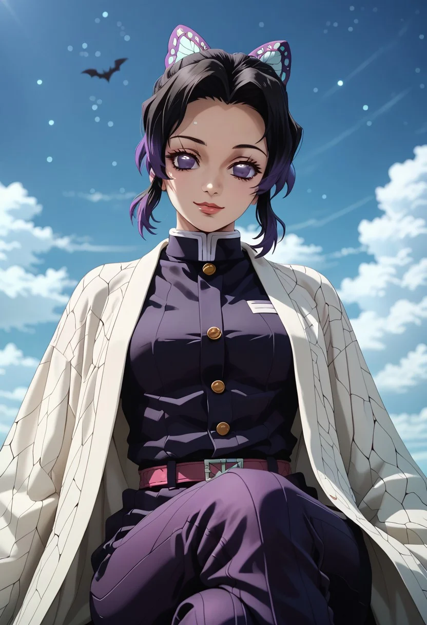 score_9, score_8_up, score_7_up, Cowboy Shot, shinobu from demos slayer, cute, seductive, innocent, light smile:0.3, plump lips, slender body, black hair, floating hair, sitting on a white cloud, starry sky background, crossed legs, bat wings, sexy purple tights with bat prints, 4n1v3rs3, depth of field, dynamic angle, fashion photography, sharp, hyperdetailed:1.15