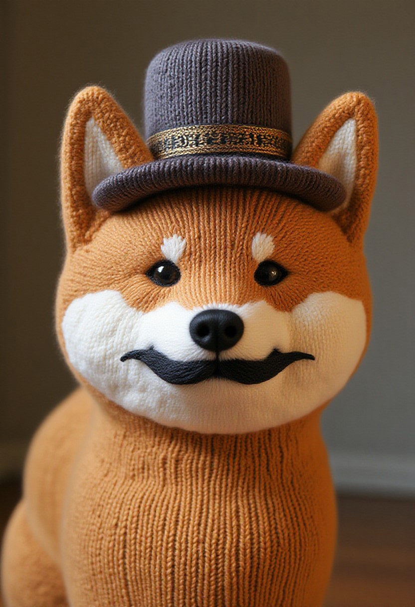 shiba inu with a mustache and a tophat ,knitted style