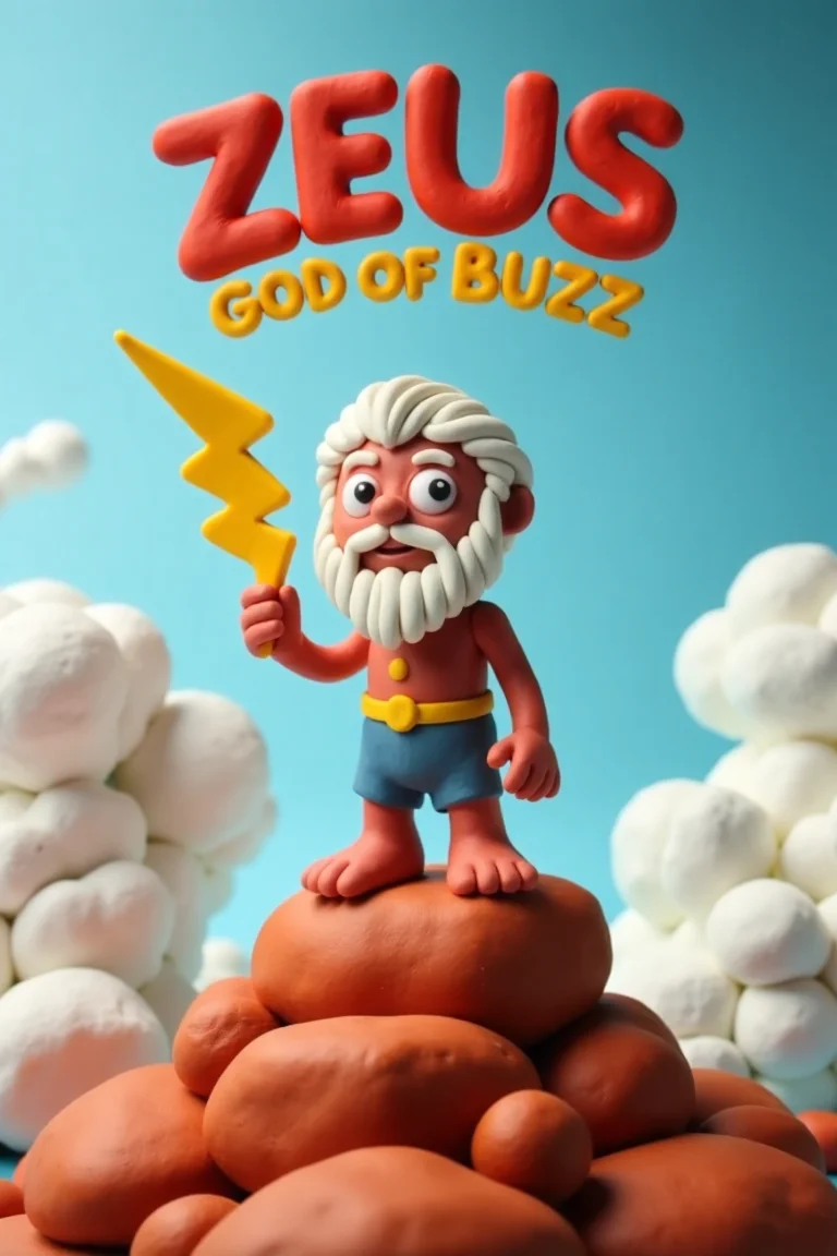 on top the text "ZEUS, God of BUZZ" is shown prominently on two rows in a font made of clay. A whimsical scene unfolds on Mount Olympus: Zeus, crafted from vibrant clay, proudly holds a stylized lightning bolt. His majestic white beard flows gently in the misty air as he sits upon his cloudy throne. The terracotta-like landscape and wispy clouds create a textured backdrop for this endearing animation. made of clay