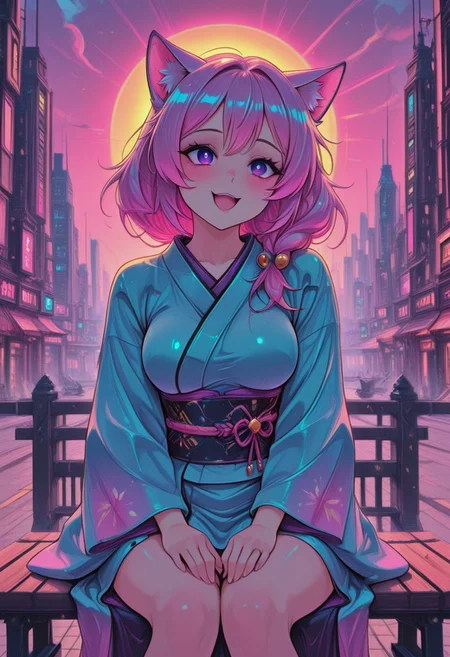 (masterpiece, best quality:1.3), pink hair, purple eyes, cat_ears, yandere, happy, medium breasts, loving_gaze, BehindCatgirl, CatGirlStyle, blue kimono, city, CivChan, pinkneoncybercore, cute, highly detailed background, day, sun, sitting on bench