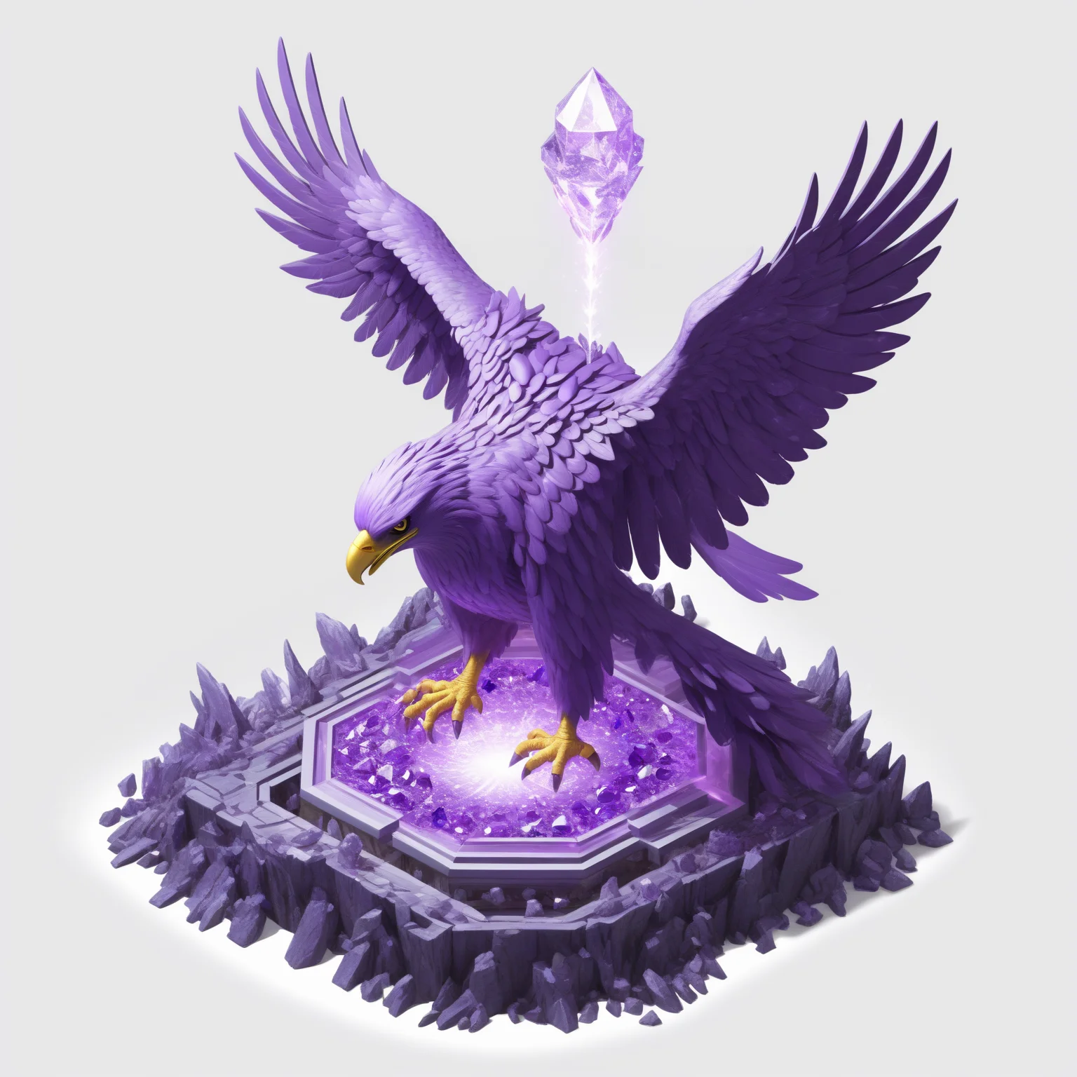 (((masterpiece))),(((best quality))),((ultra-detailed)),solo,isometric,
WAM_bd,solo,
A massive purple eagle, with a nest composed of amethysts below, surrounded by twinkling starlight,,
(white background, simple background:1.5),fantasy art,
<lora:WAMå»ºçæ¨¡å:0.8>