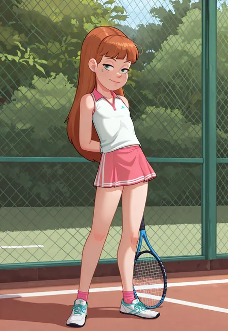 masterpiece, best quality, detailed background, 8k, 1girl, solo,polanstyle, pcgfwen,tennis skirt,tennis shirt,tennis racket,scenery