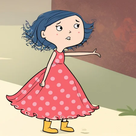 score_9, solo, dotcomet, blue hair, hairdlip, polka dot dress, boots, outdoors