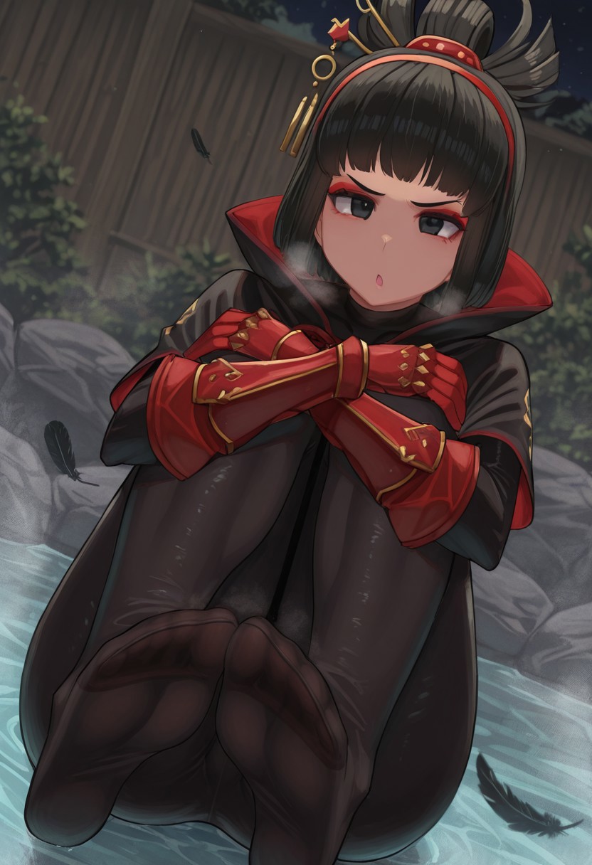 facominn,  outdoors, undershirt, falling feathers, black bodysuit, hair stick, hugging knees, knees to chest, gauntlets, eyeshadow, red gloves, two sides up, black capelet, red hairband, black eyes, 1girl, solo, feet, visible breath, dynamic angle, foreshortening, smell, steam, onsen, water