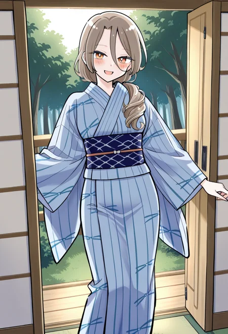 1girl, solo, shino sakisaki, mom, long hair, brown hair, hair between eyes, brown eyes, gradient eyes, red eyes, looking at viewer, low ponytail,
silk kimono robe with crane pattern, tied with wide decorative obi, wooden geta, medium shot, sliding open shoji door with one hand, standing just inside traditional tea house, lantern light casting soft glow, forest just outside,
 <lora:Character_Shino Sakisaki Mom:1>