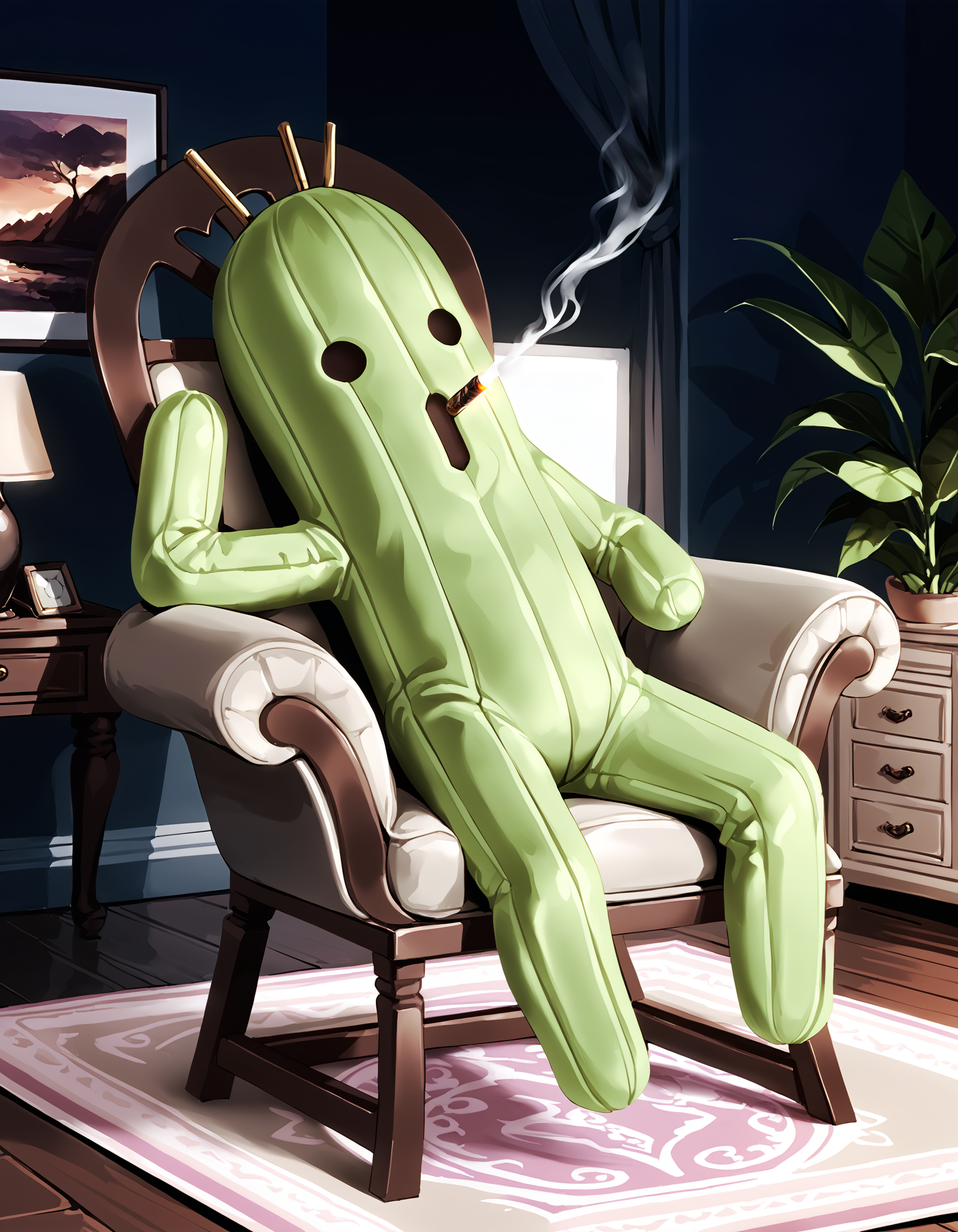 zPDXL3,full_body,living room,chair,1other,<lora:Pony_DetailV2.0:1>,day,
BREAK cactuar,no humans,green skin,<lora:cactuar-pony:1>,sitting,smoking,