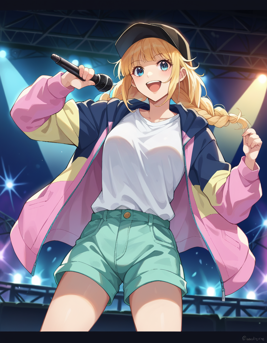 score_9, score_8_up, score_7_up, source_anime,
eikotsukimi, <lora:eiko-tsukimi-ponyxl-lora-nochekaiser:1>,
eiko tsukimi, blonde hair, blue eyes, braid, twin braids, long hair, smile,
baseball cap, multicolored jacket, white shirt, shorts,
indoors, stage, stage lights, audience, concert, singing, microphone, holding microphone,
looking at viewer, dutch angle, cowboy shot,