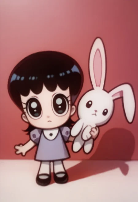 score_9, score_8_up, score_7_up BREAK AyeEyes, 1girl, black hair, black eyes, white buttoned collar, puff sleeve purple dress, white stockings, black mary jane shoes, holding white bunny plush, staring at viewer, chibi size, chibi style,