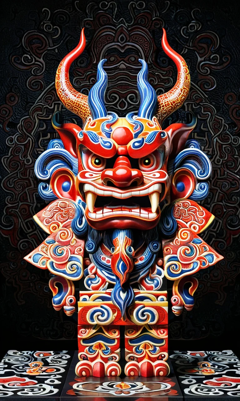 cube impression, 3D rendering, cube, Asian art, traditional patterns, intricate design, mythical creature, vibrant colors, red, black, high contrast, textured surface, cultural symbolism, ornate, detailed artwork, dark background, centered composition, symmetrical, fantasy art, artistic interpretation, creative concept.,<lora:cube_XL:0.8>