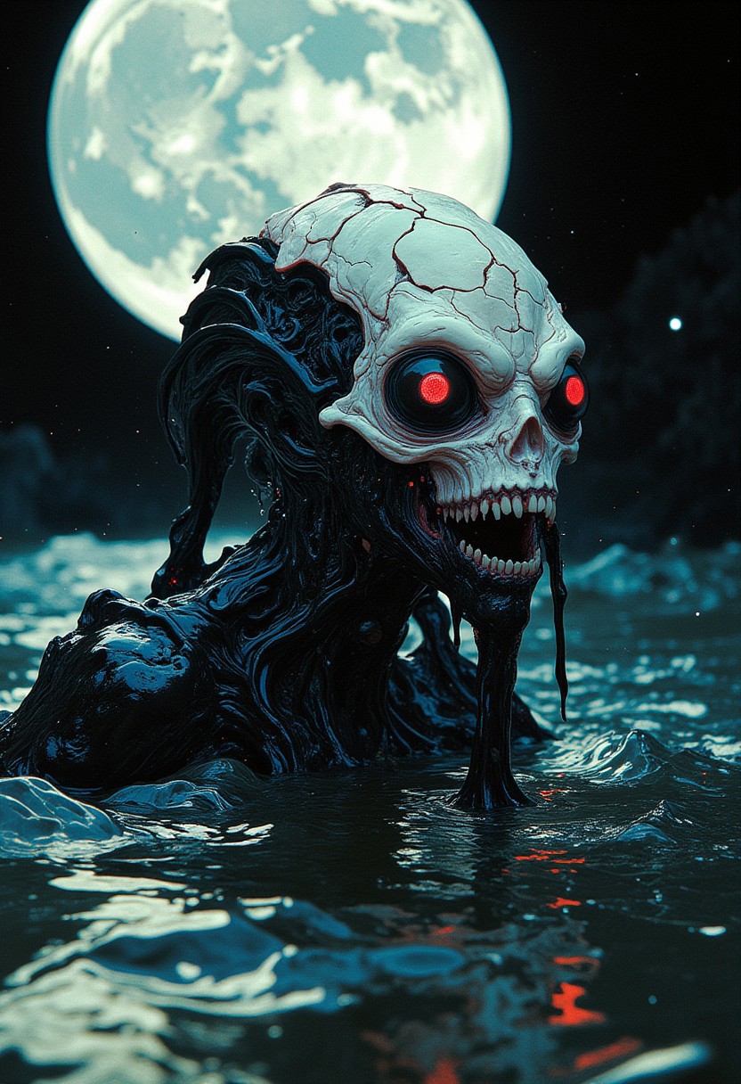 Off-center composition, right-aligned dynamic composition, an other wordly white alien like monstrous creature, erotic female, black glossy fractal skin leather texture, deap sea, slimey, teeths, black eyes, cinematic film still  . shallow depth of field, vignette, highly detailed, high budget, bokeh, cinemascope, moody, epic, gorgeous, film grain, grainy, cyberpunk style, (red glowing eyes), crazy eyes, weird creature, white sphere on the background