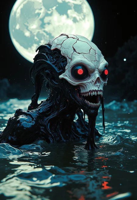 Off-center composition, right-aligned dynamic composition, an other wordly white alien like monstrous creature, erotic female, black glossy fractal skin leather texture, deap sea, slimey, teeths, black eyes, cinematic film still  . shallow depth of field, vignette, highly detailed, high budget, bokeh, cinemascope, moody, epic, gorgeous, film grain, grainy, cyberpunk style, (red glowing eyes), crazy eyes, weird creature, white sphere on the background