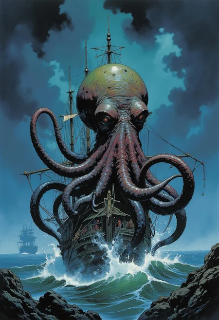 Comic book style 8k high quality digital painting , masterpiece, very detailed, ultra realistic, (best quality) very detailed epic masterpiece, a sailing ship on a stormy ocean is being attacked by a giant squid emerging from the water, tentacles winding around the ship, big waves, dramatic dark sky, action, scary, best quality, epic scene, Dungeons and dragons atmosphere, heroic fantasy, fna_style, Comic book style