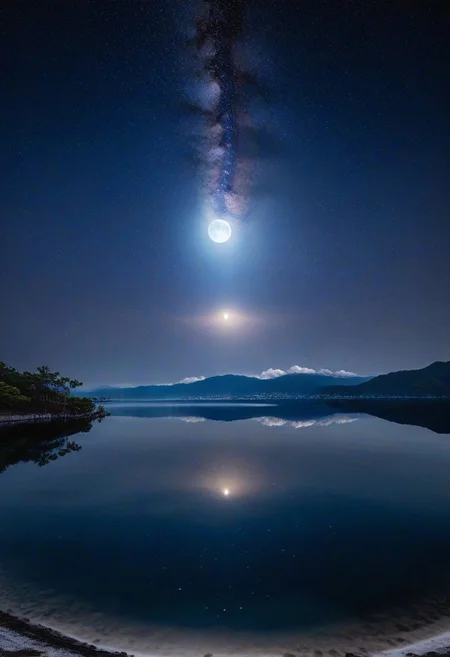 ocean, stars, moon, calm, birds, palm trees, beach, reflections, water tides, 8k, highest resolution, masterpiece, night, fireflies, villa, lights, cloud, cherry blossom, day, fantasy, fish, lake, landscape, high snowy mountain, no_humans, ocean, outdoors, river, scenery, sky, splashing, water, watercraft, waterfall, waves, ultra realistic, photorealistic, sea, ocean, (reflection), (ray tracking), (unreal engine), (Japanese), top view, high elevation, (water reflection), (clear water), photorealistic, 8k, unreal engine, super great 3d render, 3d, 3d ray tracking, liquid, super high quality, (super close look at water), Milky Way, Night sky, Painstaking Attention To Details