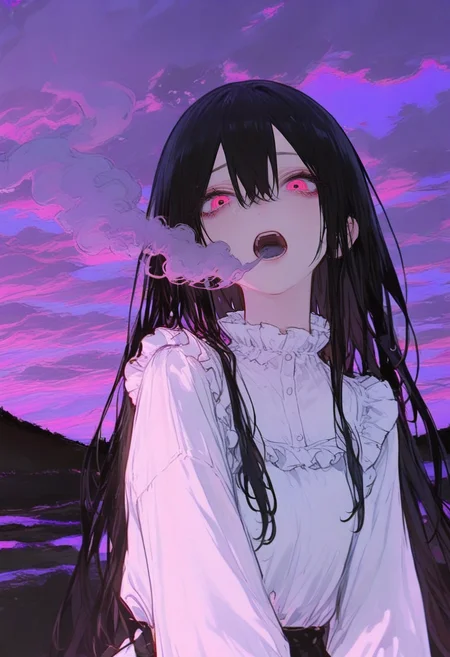 1girl, solo, long hair, black hair, open mouth, sky, cloud, frills, hair between eyes, upper body, long sleeves, looking at viewer, pink eyes, smoke, outdoors, cloudy sky, shirt, teeth, red eyes, purple sky, white shirt <lora:748cmXL_il_lokr_V5311P:0.95>