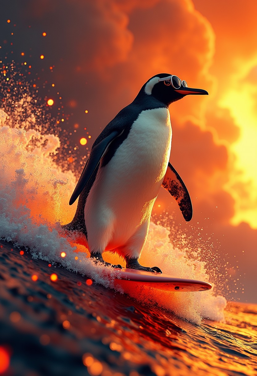 a bold and imaginative scene where a penguin is surfing on a wave of lava flowing down a volcano. The penguin should be wearing sunglasses and balancing skillfully on a surfboard