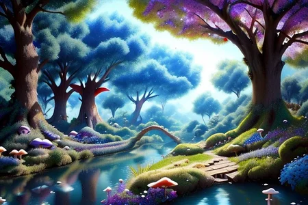 FanFo, wooden brigde, mushrooms, flowers colored blue and purpel, fireflys by flower tree, big trees, elves, realisim, Queen Elves , High Elves