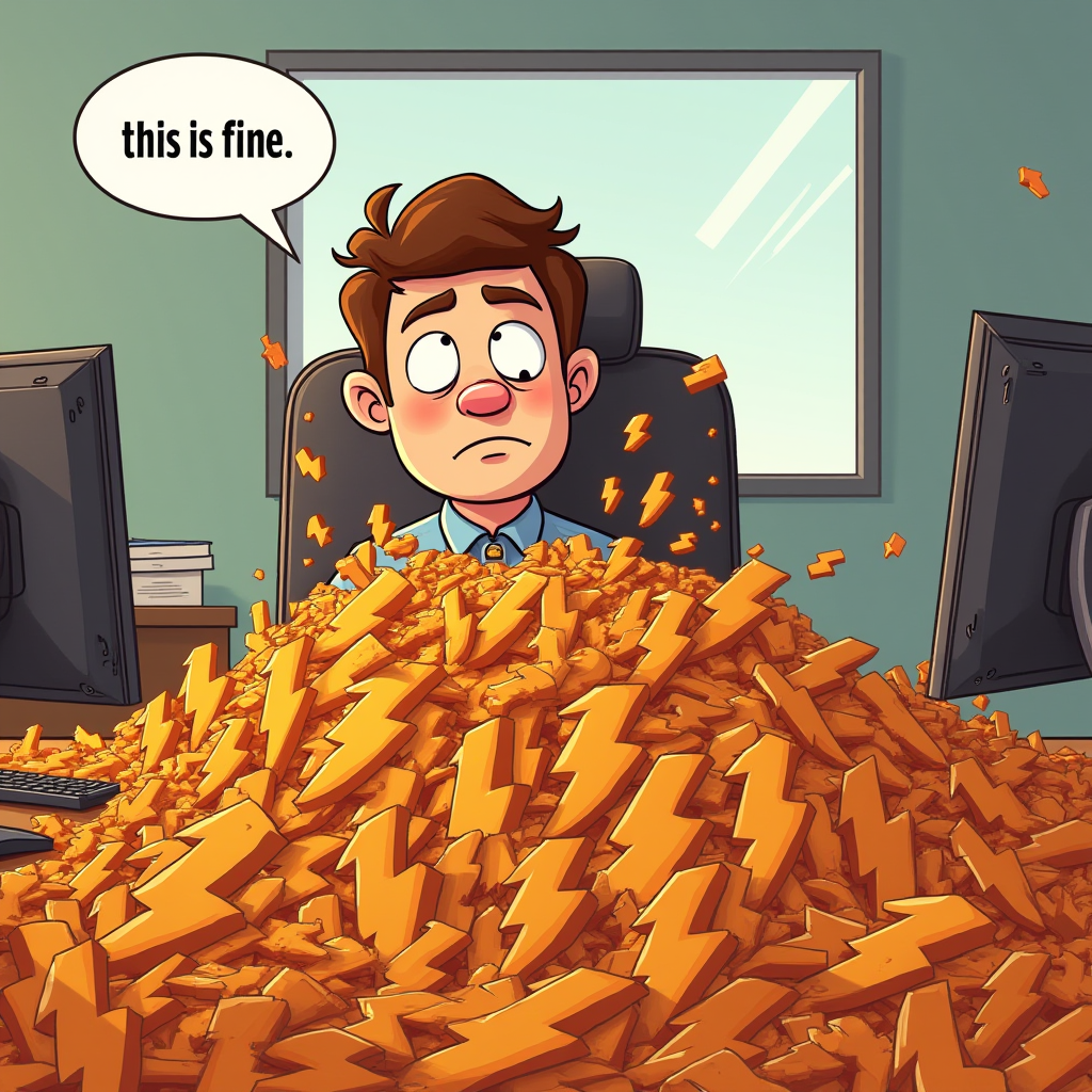 A man in an office is flooded and covered with piles of orange shaped lightning bolts toys. speech bubble  that says: "this is fine". 2d cartoon style. he is tired, unfazed. he is covered on this toys that he cant even work on his computer