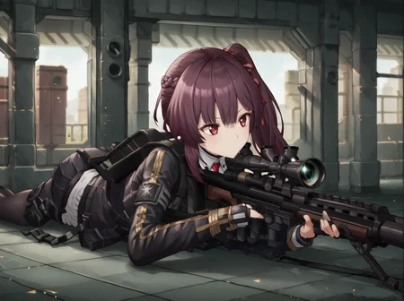 score_7_up, score_6_up, score_5_up, source_anime,
<lora:makiatto.pony:1>, makiatto, side ponytail,
<lora:Sniper_Laying_on_floor_pose-pony:0.8>, Laying on floor, on stomach, Sniper, scope, Aiming, rifle,