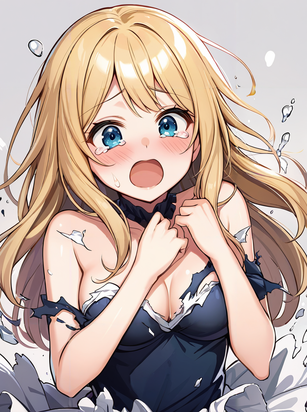 masterpiece,ultra-detailed,best quality,8K,illustration,cute face,clean skin ,shiny hair,girl,middle breasts,ultra-detailed-eyes,simple background, <lora:add-detail-xl:1> <lora:exploding clothes_XL_V1.0:0.8> exploding clothes, covering privates, open mouth, blush, tears,dress