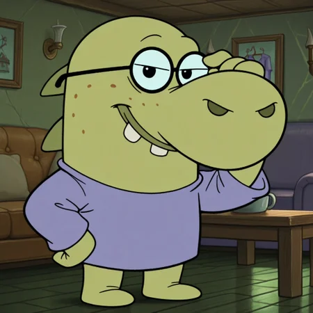 masterpiece, best quality, amazing quality official style, richard, male, furry male, anthro, solo, green skin, black eyes, buck teeth, freckles, big nose, spikes on back, short, purple shirt, glasses, standing, smirk, hand on glasses, looking at viewer, indoors, living room