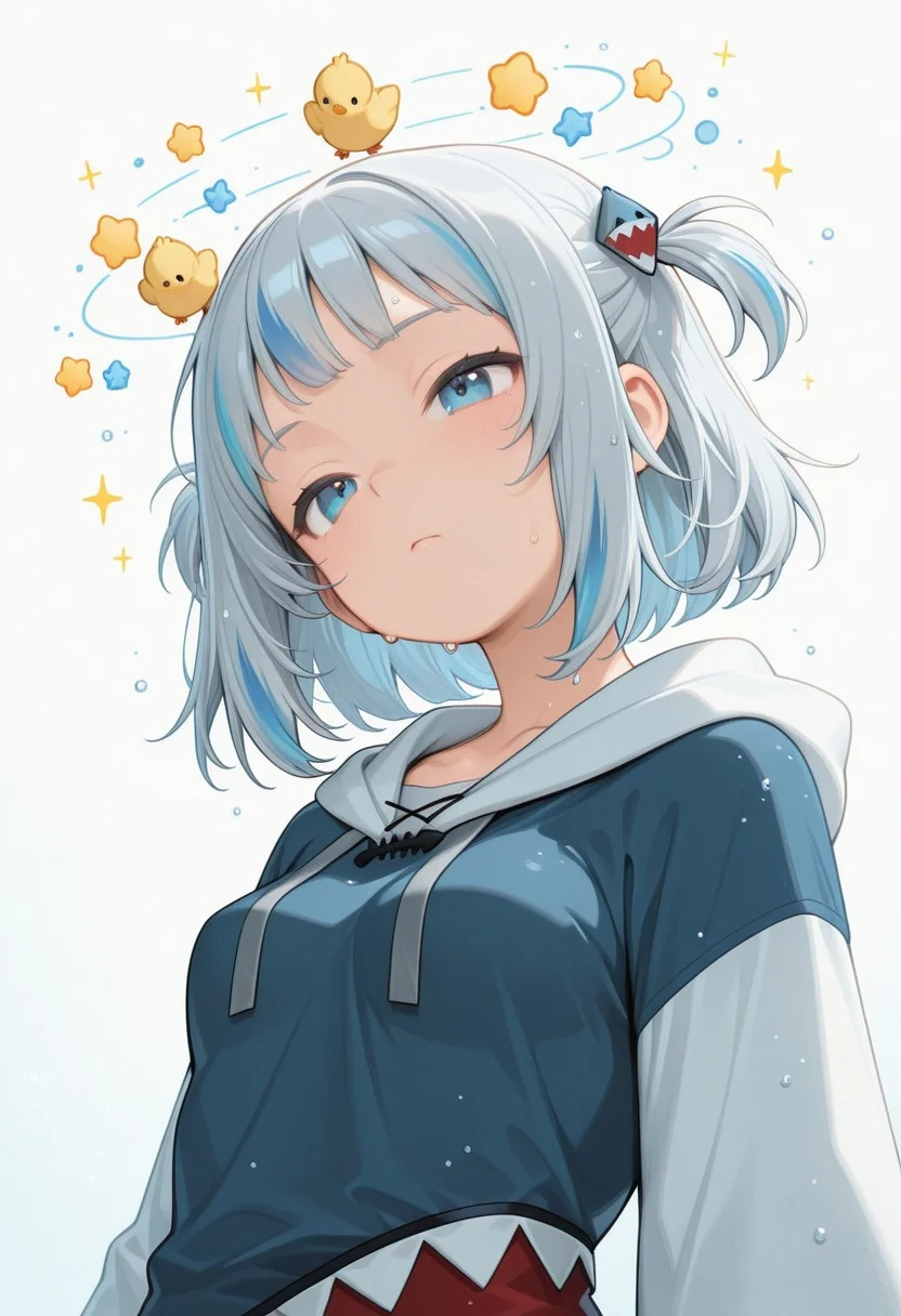 very aesthetic, high resolution, high quality, amazing quality, detailed, masterpiece, absurdres, score_9, score_8_up, score_7_up, simple background, (natural lighting, scenery), BREAK BREAK, (1girl, solo), woman, mature_female, grey hair, streaked hair, blue eyes, shark tail, blue nails, vivid eye color, (beautiful eyes:1.2), (gradient iris, crisp iris edges), (looking_at_viewer), (blue hoodie, shark print, shark hair ornament, two side up, wide sleeves, drawstring), lean body, small chest, (perky_breasts:1.2), small breasts, fit body proportion, sweaty, wet sweat, wet body, wet hair, seeing stars, bird, chick, star \(symbol\), sparkle, half-body portrait, BREAK,