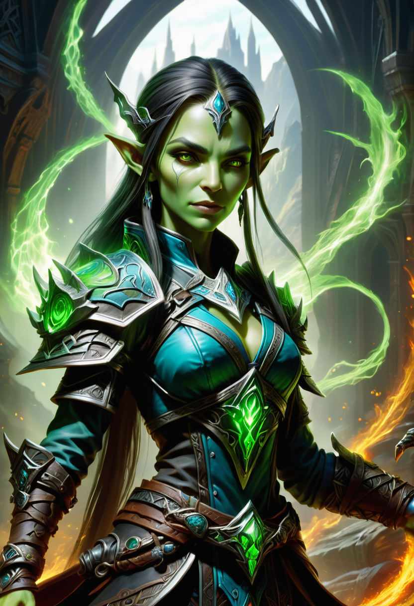 hyper detailed masterpiece, dynamic, awesome quality, a female technomancer conjuring elven orc DonMM4g1cXL magic,  <lora:DonMM4g1cXL-000008:0.8>