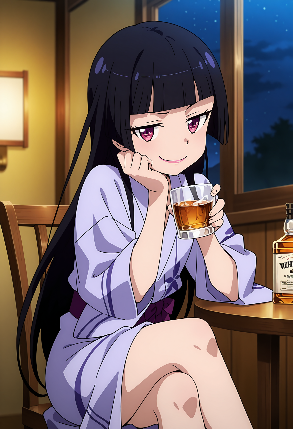 anime screencap, masterpiece, best quality,
<lora:GATE_RoryMercury_IlluXL:0.9>,
1girl, solo, closed mouth, smug,
hime cut, long hair, blunt bangs, black hair, multicolored eyes, lips,
bath yukata, purple kimono, purple sash,
head rest, holding cup,  whiskey, table, 
sitting, crossed legs, looking at viewer,
indoors, chair, window, night, night sky, dark, blurry background