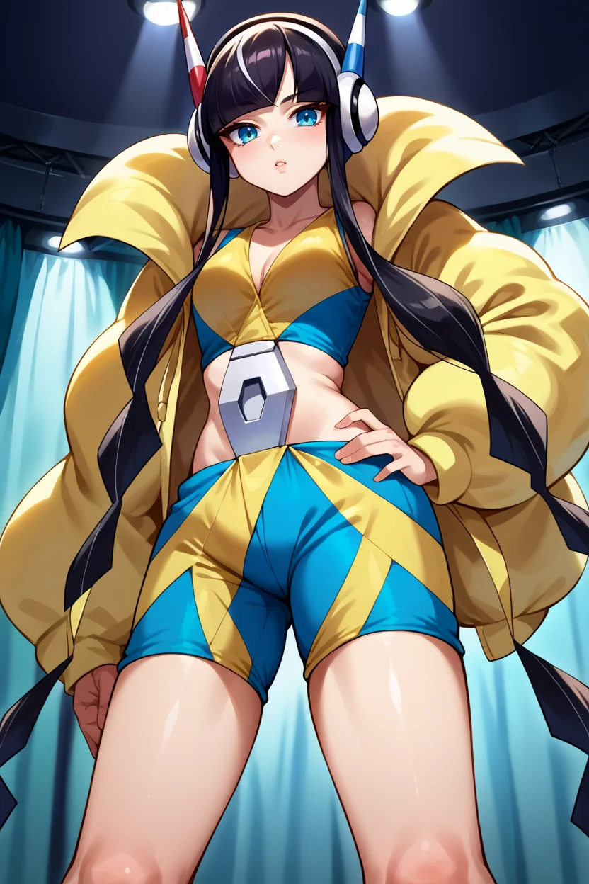 score_9, score_8_up, score_7_up, score_6_up, source_anime, BREAK 1girl, <lora:pkmnelesa-pdxl-nvwls-v1-000005:1> bw2ele, black hair, streaked hair, long sidelocks, hair ornaments, headphones, yellow jacket, puffy jacket, crop top, yellow and blue shorts, stage, spotlight, curtains, looking at you, from below, hand on hip