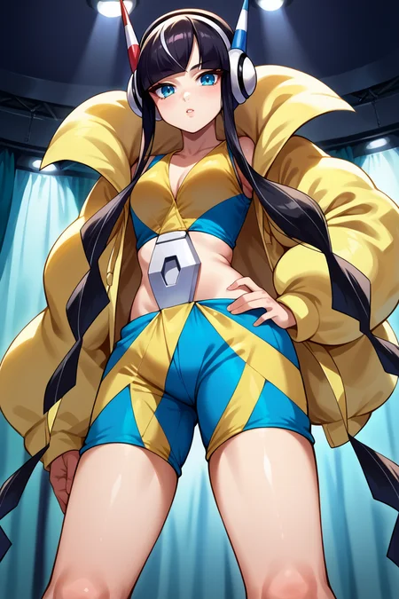 score_9, score_8_up, score_7_up, score_6_up, source_anime, BREAK 1girl, <lora:pkmnelesa-pdxl-nvwls-v1-000005:1> bw2ele, black hair, streaked hair, long sidelocks, hair ornaments, headphones, yellow jacket, puffy jacket, crop top, yellow and blue shorts, stage, spotlight, curtains, looking at you, from below, hand on hip