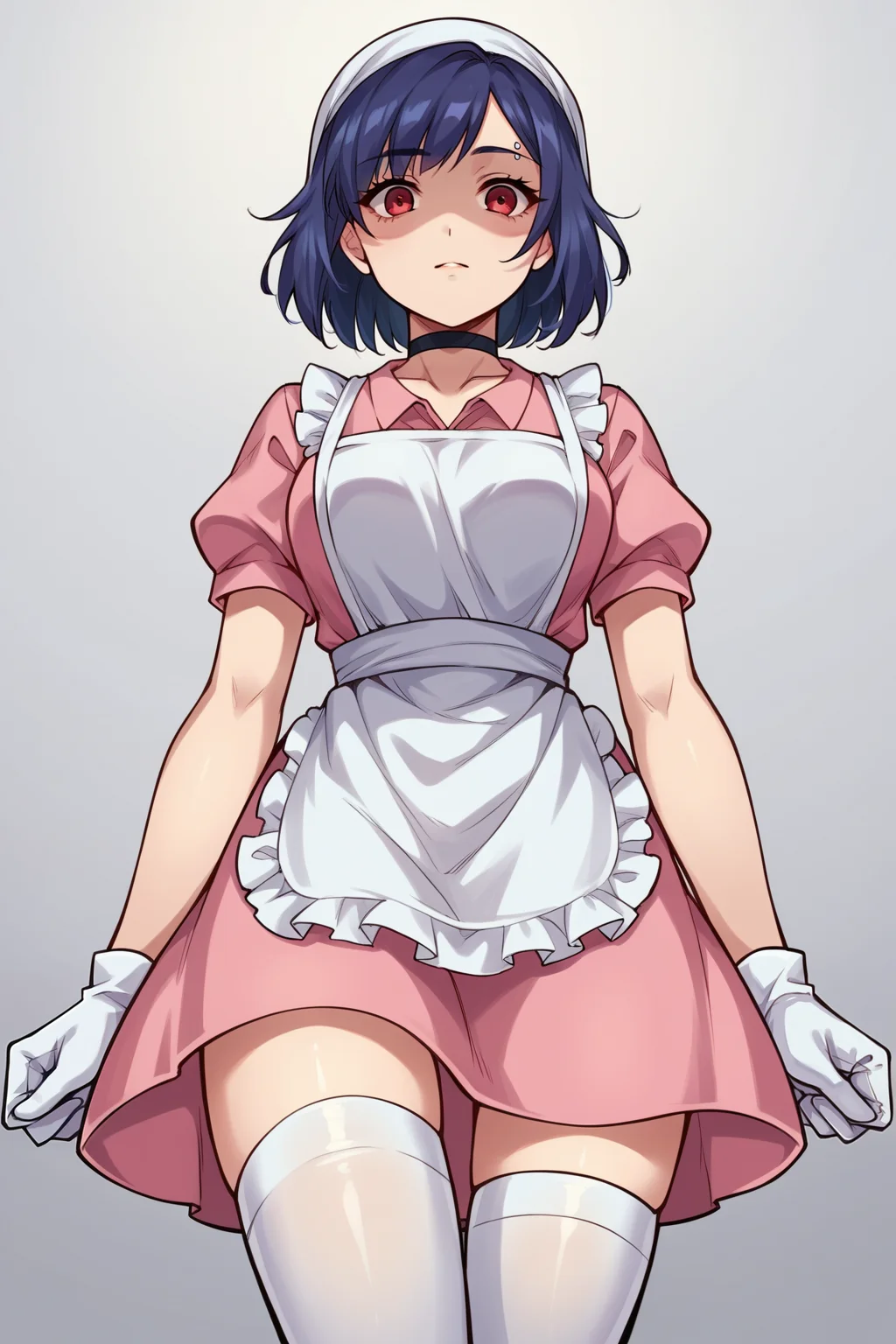 score_9, score_8_up, score_8, source_anime,
<lora:Everlasting_Summer_Kristina_by_GraffMetal:0.7>, kristina, short hair, red eyes, piercing, dark purple hair color, bob hair cut, 1girl, solo, blue hair, black hair, eyebrow piercing
choker,
head scarf, pink dress, white apron, white gloves, white thighhighs, shaded face, from below,
amazing background, looking at the viewer,