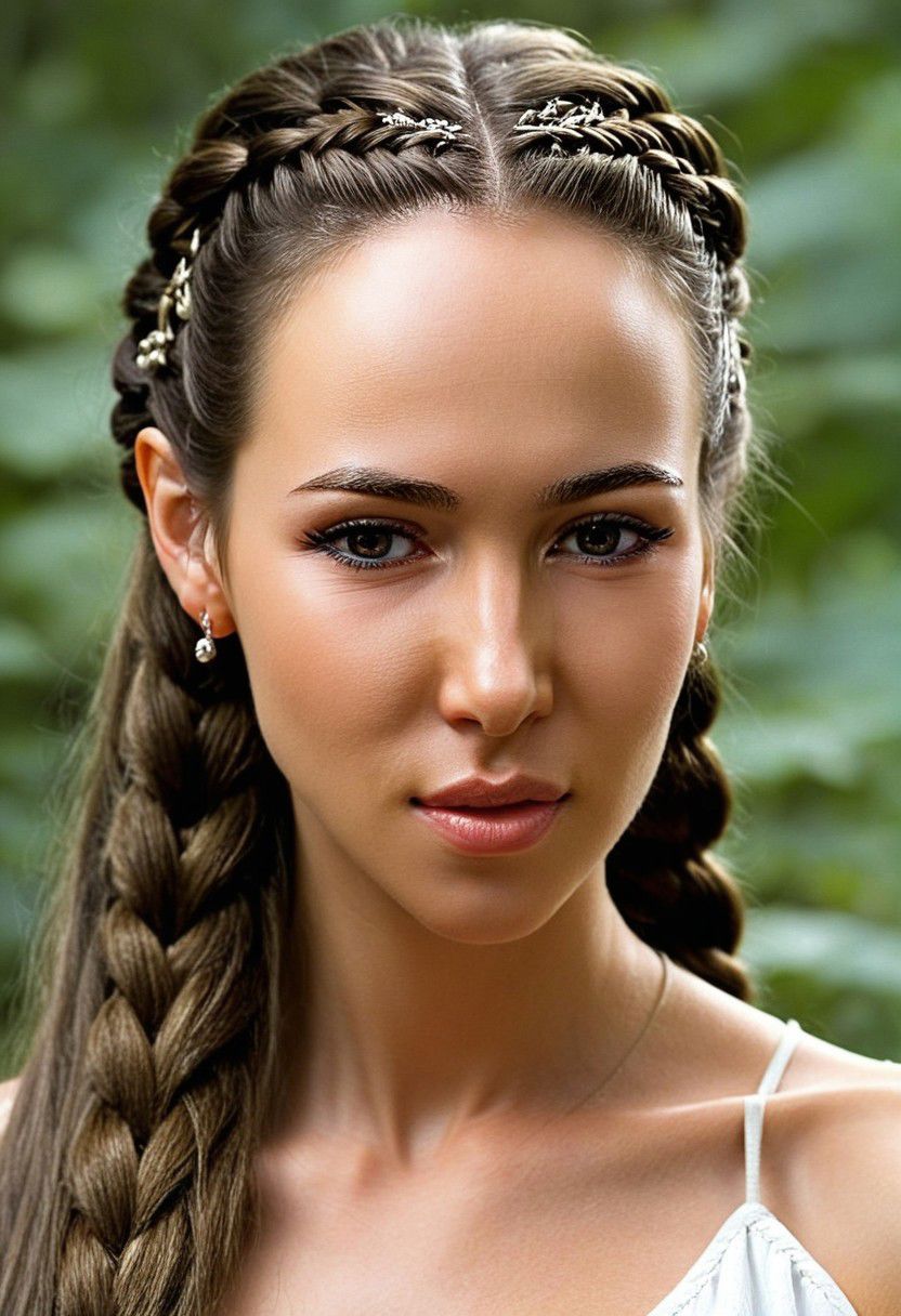 fantasy art by luis royo, Slightly pointed facial features, perfect figure with (((clear relief of muscles))), (((long brown hair))) Her hair was braided and her clothes were comfortable but revealing. the girl was of medium height, a typical mountain elf, (((full-length portrait)))