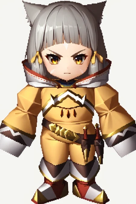 score_9, score_8_up, score_7_up, score_6_up, source_anime BREAK 1girl, solo <lora:nia-pdxl-nvwls-v1-000006:1> xc2Nia, cat ears, grey hair, short hair, blunt bangs, facial mark, hair ribbon, yellow bodysuit, long sleeves, belt, white gloves, boots <lora:zs_FFVIIChibisXL:1> ffviichibis, chibi, standing, full body, white background