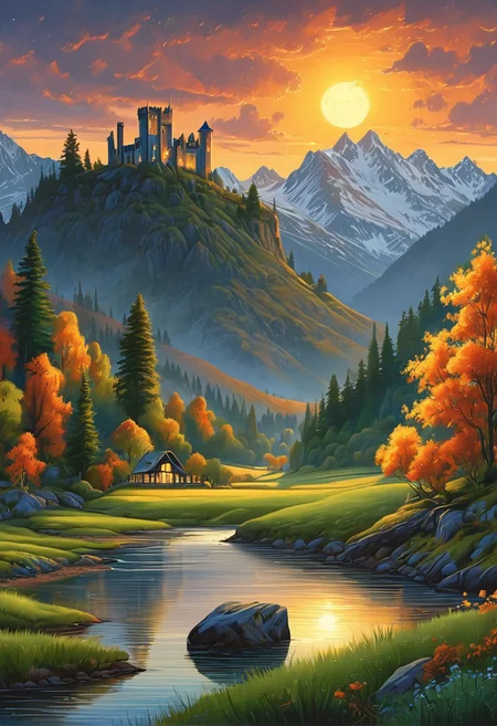 A captivating night scene illustration featuring a beautiful scene of the great out doors in the pacific northwest.. There are great mountains, pine forests, and rivers. It is an outdoorsman's dream. This enchanting artwork captures a serene and peaceful night, where the sun is just starting to rise over the beautiful hills and castle which stands resolute amidst hills of Wales, creating a cinematic experience., illustration, cinematic
<lora:DonM3t3rn1tyXL-v1.1:0.7>, DonM3t3rn1tyXL,
OverallDetailXL <lora:MJ52:0.3> <lora:SDXLFaeTastic2400:0.4> <lora:EpicF4nta5yXL:0.7>