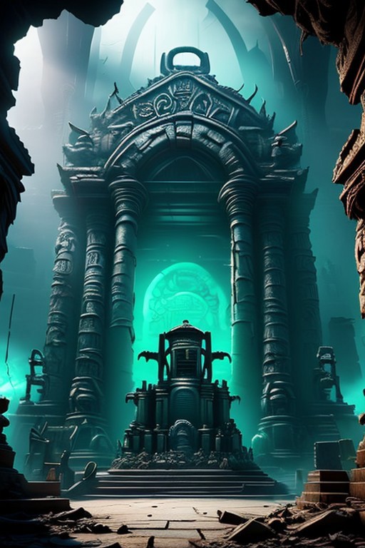 A sinister and exotic digital painting, (HDR, Unreal Engine:1.4),The Lost Shrine of the Ape God, a central jeweled stone idol, evil hideous idol, ancient and crumbling pillars, very dark, eldritch braziers, ancient stone steps, (grotesque carvings:1.3), high dome, shaft of sunlight, old and dreadful, bones, age haunted, (terrifying:1.2), magnificent, decadent, degenerate, (perfect composition, maximalist and detailed:1.2), (masterpiece:1.4), (high quality:1.3), subsurface scattering, volumetric lighting, heavy shadows, Temple, evilrealm