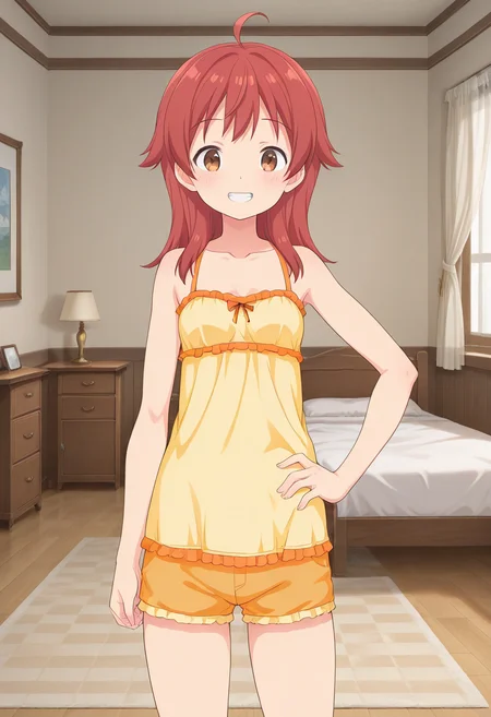 1girl, solo, hannalbdilus, red hair, medium hair, ahoge, brown eyes, frilled camisole, sleeveless, shorts, indoors, bedroom, standing, cowboy shot, hand on hip, straight-on, looking at viewer, smile, teeth,