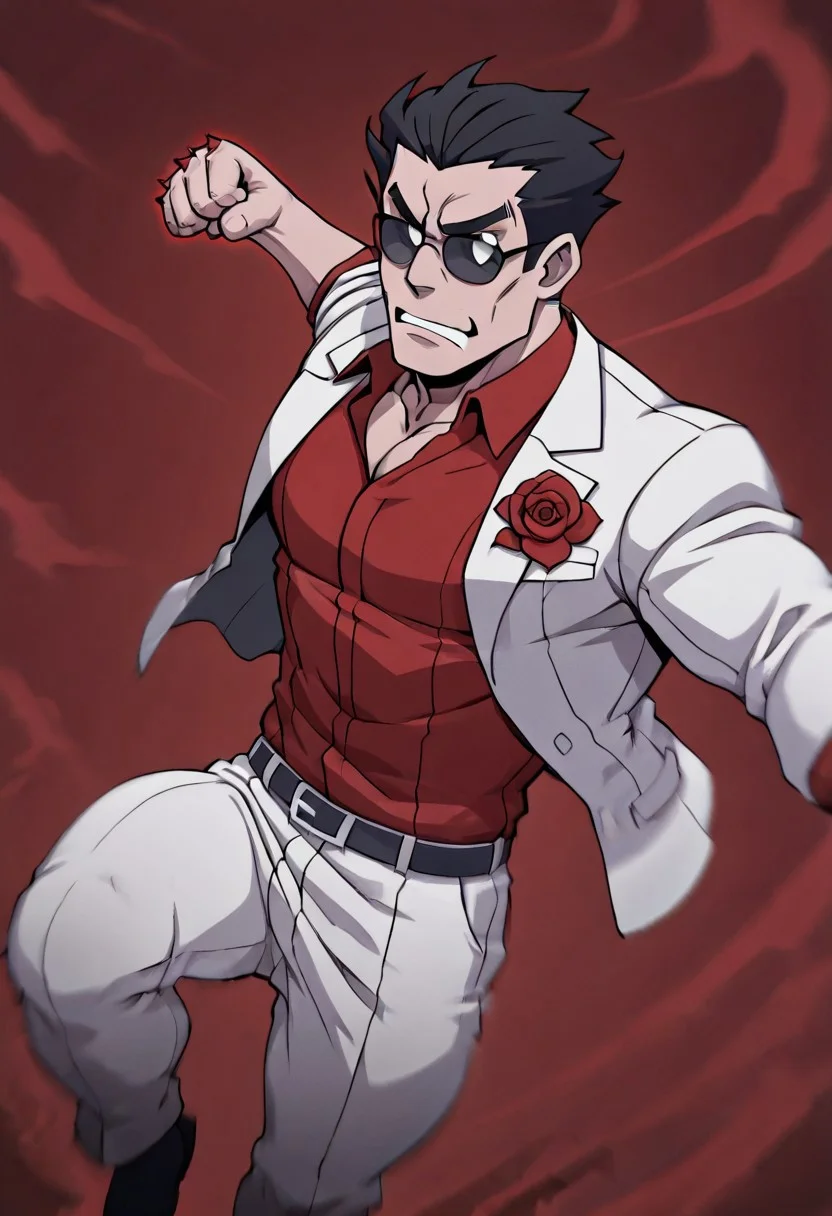 masterpiece, best quality, newest, absurdres, highres,
MPPV1.0, incoming attack, incoming punch, midair,
1boy, helltaker (helltaker), black hair, short hair, muscular, muscular male,
sunglasses, glasses,
white jacket, white pants, black belt, red shirt, formal clothes, flower in clothes, open jacket