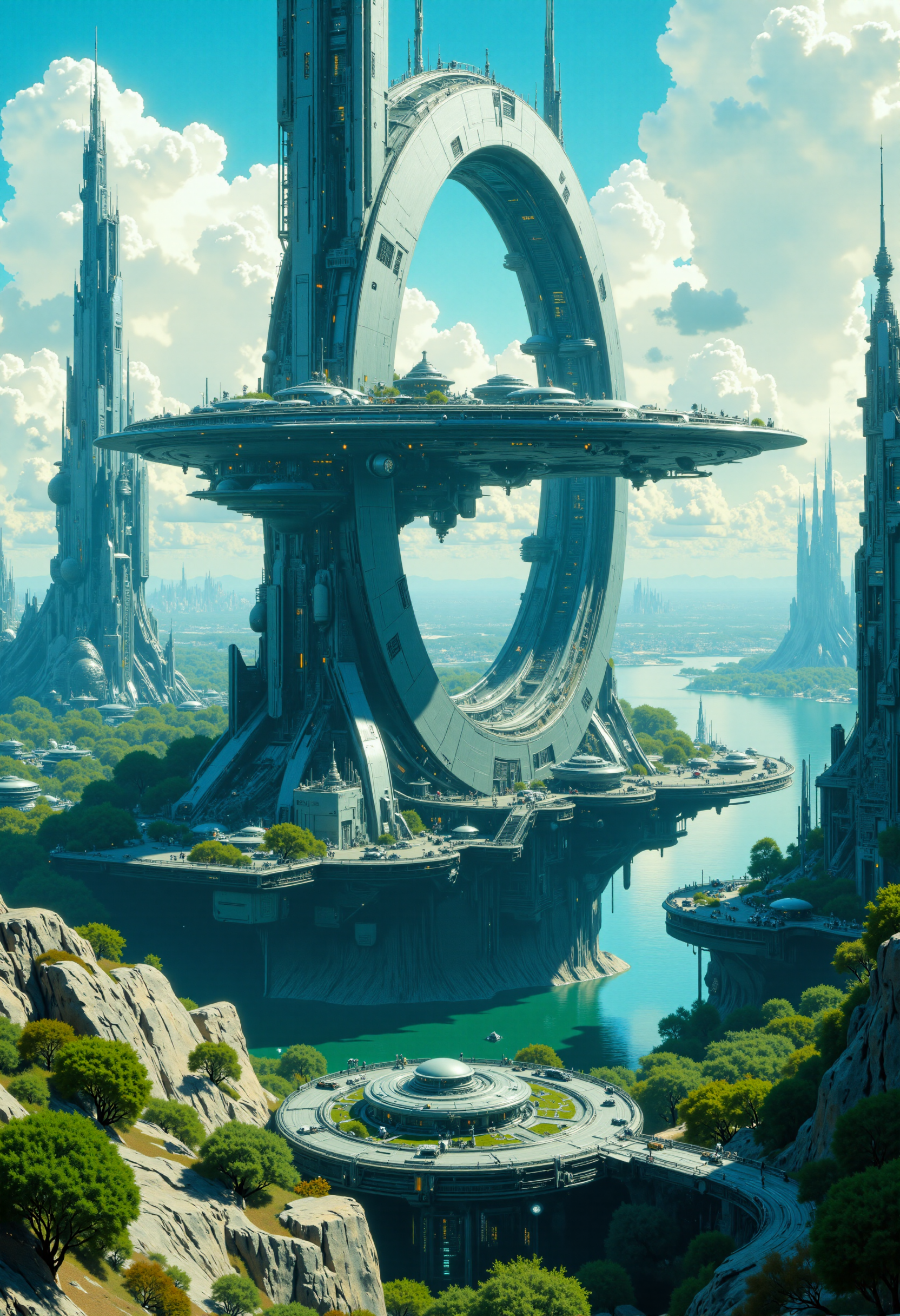 highest details, ultra hyper realism. highly detailed and realistic. intricate and highly professional artwork, an absolute masterpiece.
This is a high-quality CGI rendering of a futuristic, high-tech cityscape viewed from an aerial perspective. The central focus is a massive, circular, multi-level structure with tall, cylindrical towers and a series of interconnected rings. The architecture is sleek and metallic, with a predominantly silver and gray color palette, giving it a cold, industrial aesthetic. The city is built over a body of water, with a clear blue sky and fluffy white clouds in the background. The foreground features various smaller structures and vehicles, including a large, circular platform with a central dome. The lighting is bright and even, suggesting a sunny day. The depth of field is deep, keeping both the foreground and background in focus. The image has a very high aesthetic quality, with detailed textures and a realistic, yet futuristic feel.
 <lora:artilands_v02_epoch_6:1>