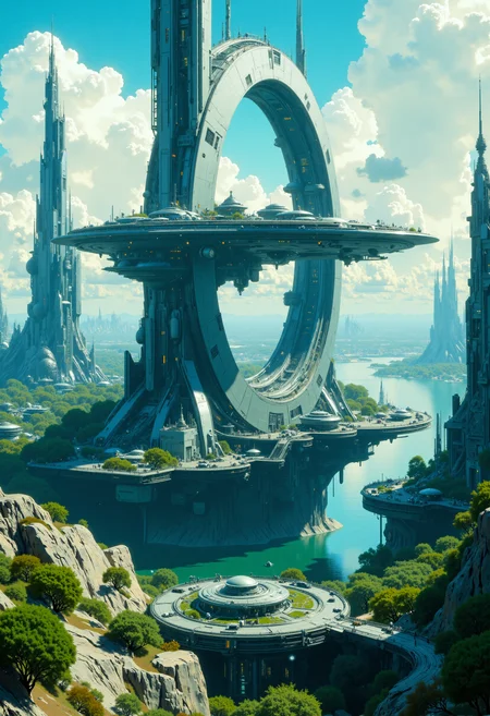 highest details, ultra hyper realism. highly detailed and realistic. intricate and highly professional artwork, an absolute masterpiece.
This is a high-quality CGI rendering of a futuristic, high-tech cityscape viewed from an aerial perspective. The central focus is a massive, circular, multi-level structure with tall, cylindrical towers and a series of interconnected rings. The architecture is sleek and metallic, with a predominantly silver and gray color palette, giving it a cold, industrial aesthetic. The city is built over a body of water, with a clear blue sky and fluffy white clouds in the background. The foreground features various smaller structures and vehicles, including a large, circular platform with a central dome. The lighting is bright and even, suggesting a sunny day. The depth of field is deep, keeping both the foreground and background in focus. The image has a very high aesthetic quality, with detailed textures and a realistic, yet futuristic feel.
 <lora:artilands_v02_epoch_6:1>