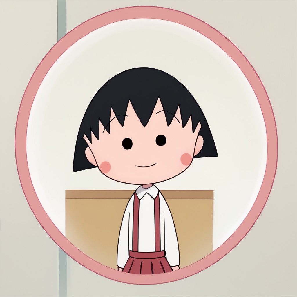 score_9, score_8_up, score_7_up BREAK ChibiMaruko, 1girl, black bobcut, black dot eyes, pink circle blush, long-sleeved white shirt, red suspenders, red pleated skirt, white socks, flat red shoes, smiling at viewer, full body,