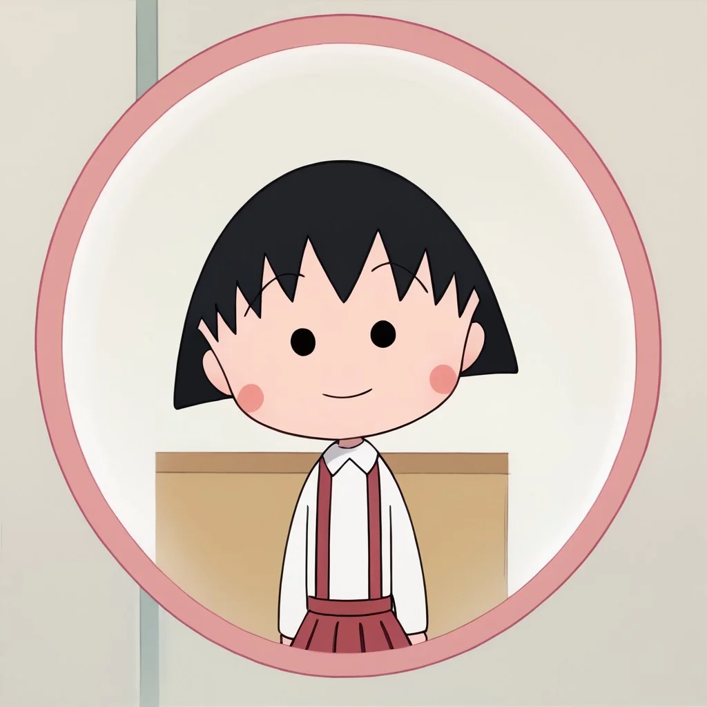 score_9, score_8_up, score_7_up BREAK ChibiMaruko, 1girl, black bobcut, black dot eyes, pink circle blush, long-sleeved white shirt, red suspenders, red pleated skirt, white socks, flat red shoes, smiling at viewer, full body,