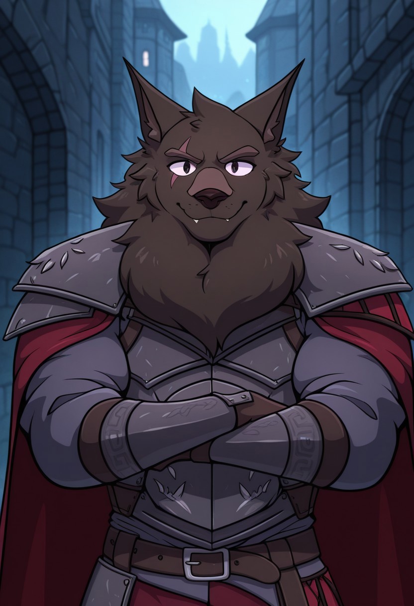 <lora:Lyall_ILXL:1>, solo, lyall, scar across eye, looking at viewer, muscular, dark eyes, armor, gloves cape, belt, BREAK masterpiece, best quality, amazing quality, very aesthetic, high resolution, absurdres, detailed background, detailed eyes, beautiful, scenery, smile, separate focus, 4K, detailed fur, detailed muscles, cinematic lighting, face focus, portrait, upper body