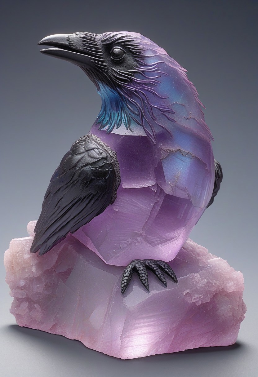 (photorealistic), fluorite mineral, radiant, raven, masterpiece, iridescent