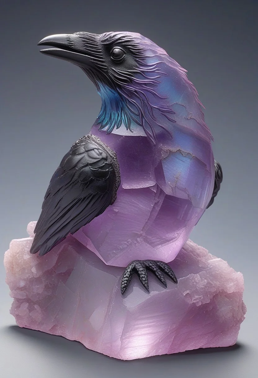 (photorealistic), fluorite mineral, radiant, raven, masterpiece, iridescent