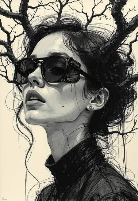 A highly detailed charcoal artwork depicting a close-up of a woman's face with an ethereal, ghostly quality. Her expression is both serene and enigmatic, with delicate yet intense shading that enhances the depth of her features. Her pale skin is rendered with soft, smooth strokes, while her lips, shaded in deep, velvety black, contrast starkly against the lighter tones. Her dark, wavy hair merges seamlessly with swirling, smoky charcoal strokes, creating a haunting, spectral effect. Wisps of shadowy vapor entwine with her hair, dissolving into the surrounding darkness. A black mask or veil obscures her eyes, adding an air of mystery.  
The background features a high-contrast black-and-white depiction of intricate, almost abstract tree branches stretching out in all directions against a softly graded sky. Taken from a low angle, the branches fill the entire space, forming a chaotic, web-like pattern. Their rough, gnarled texture contrasts with the smooth rendering of the woman's face, enhancing the eerie, surreal quality of the artwork. The branches, devoid of leaves, twist and bend, emphasizing a sense of time and nature’s complexity. A thin black border frames the image, reinforcing the stark contrast and dreamlike atmosphere. vantablack