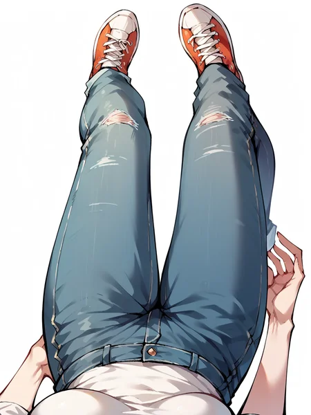 score_9, score_8_up, score_7_up, score_6_up, score_5_up, <lora:f3mp0vXLP:1> (f3mp0v, female pov), jeans, sneakers, solo, white background,