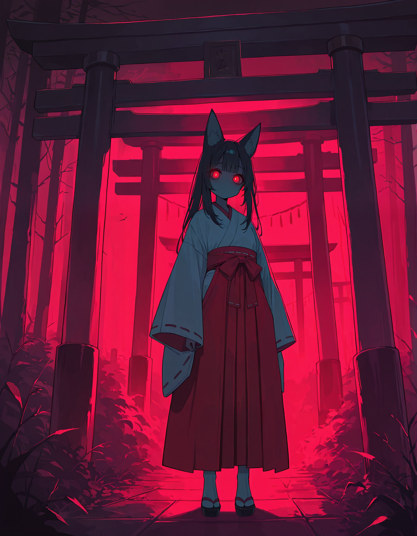 masterpiece,  best quality, newest, highres, absurdres, <lora:LeIsT0_style:1>,1girl, torii, animal ears, glowing eyes, japanese clothes, solo, red theme, fox ears, glowing, looking at viewer, miko, long hair, hakama, bangs, hakama skirt, kimono, wide sleeves, skirt, standing, long sleeves,dark_theme