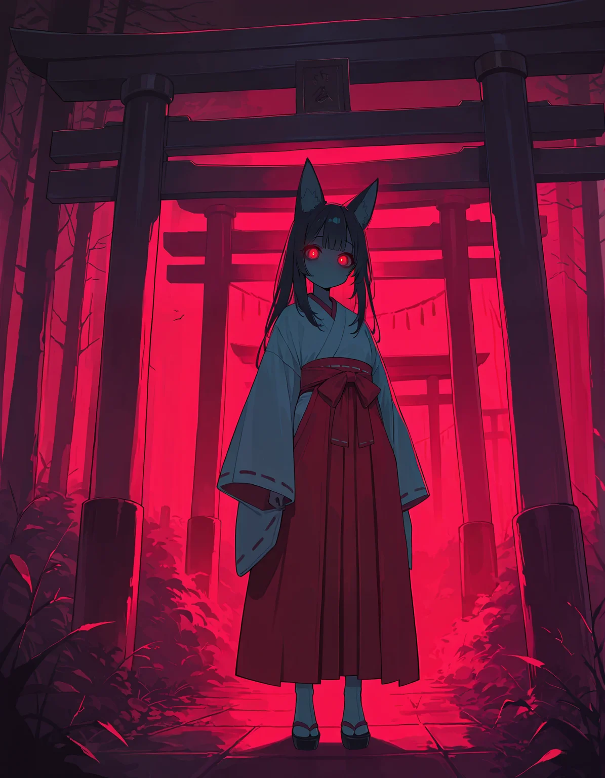 masterpiece, best quality, newest, highres, absurdres, <lora:LeIsT0_style:1>,1girl, torii, animal ears, glowing eyes, japanese clothes, solo, red theme, fox ears, glowing, looking at viewer, miko, long hair, hakama, bangs, hakama skirt, kimono, wide sleeves, skirt, standing, long sleeves,dark_theme